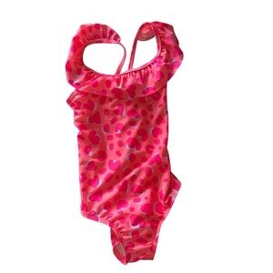 Cat & Jack Girls One Piece Swimsuit Pink Heart Ruffle Crisscross UPF 5T